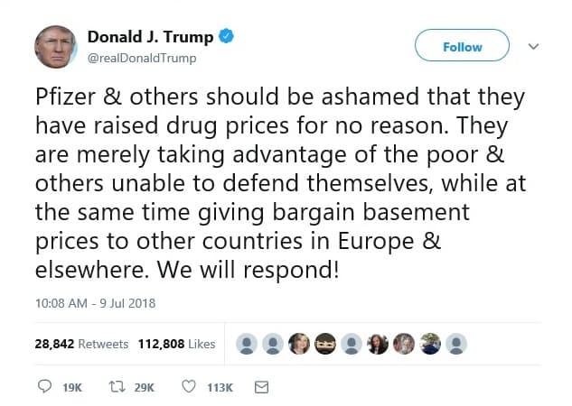 Trump tweet about raised drug prices